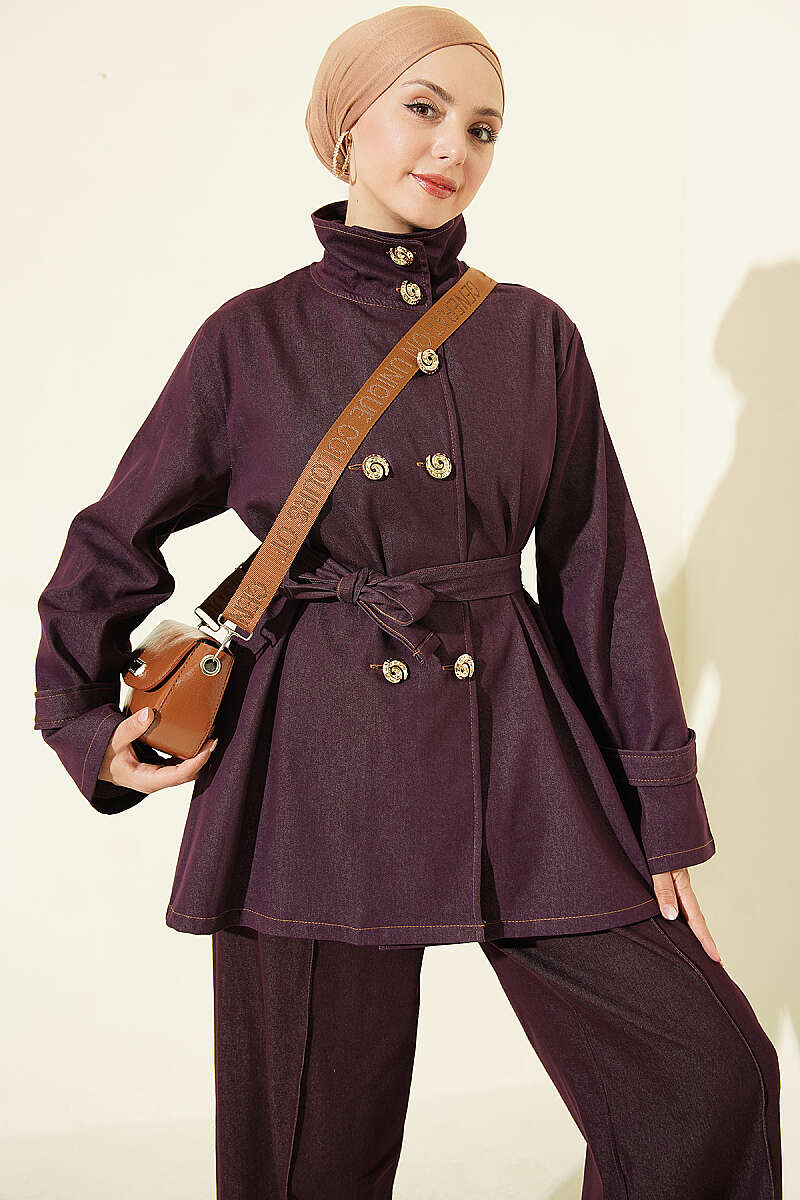 Denim Two-Piece Set with Shell Buttons - Plum