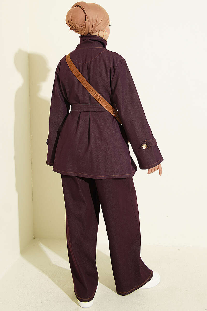 Denim Two-Piece Set with Shell Buttons - Plum