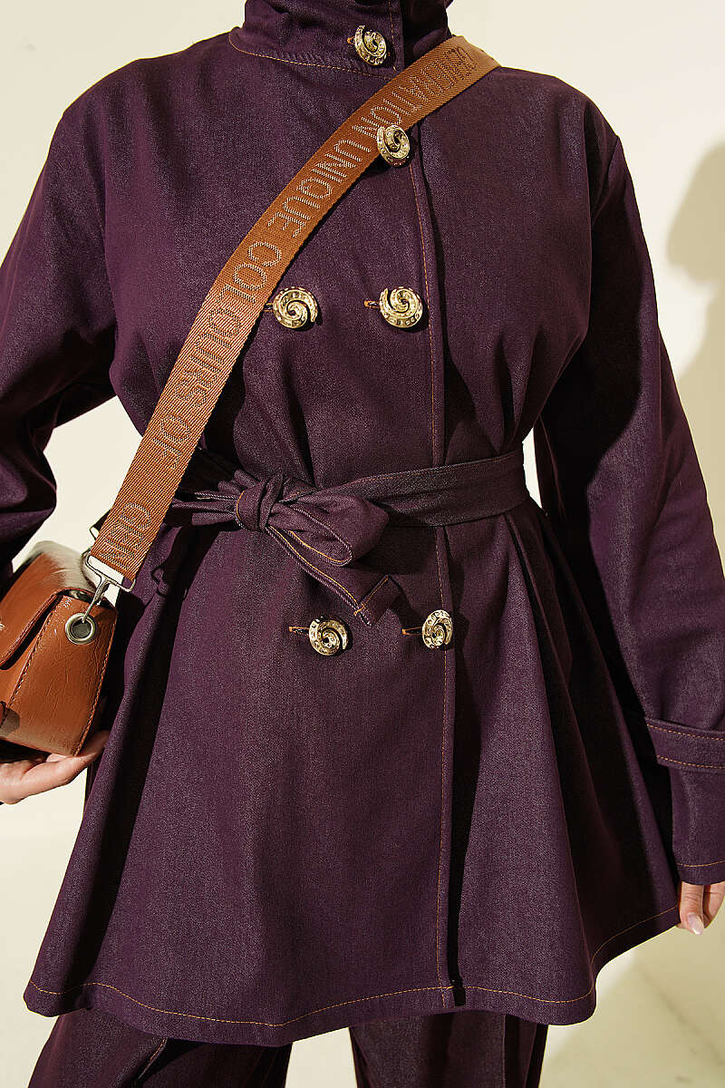 Denim Two-Piece Set with Shell Buttons - Plum