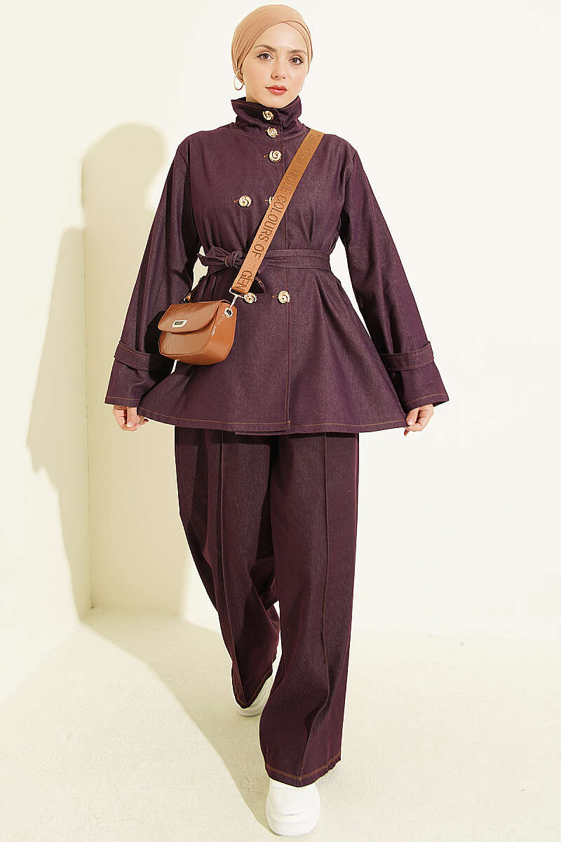 Denim Two-Piece Set with Shell Buttons - Plum