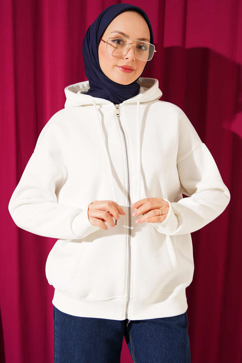 Brushed-Back Zip-Up Cardigan - White