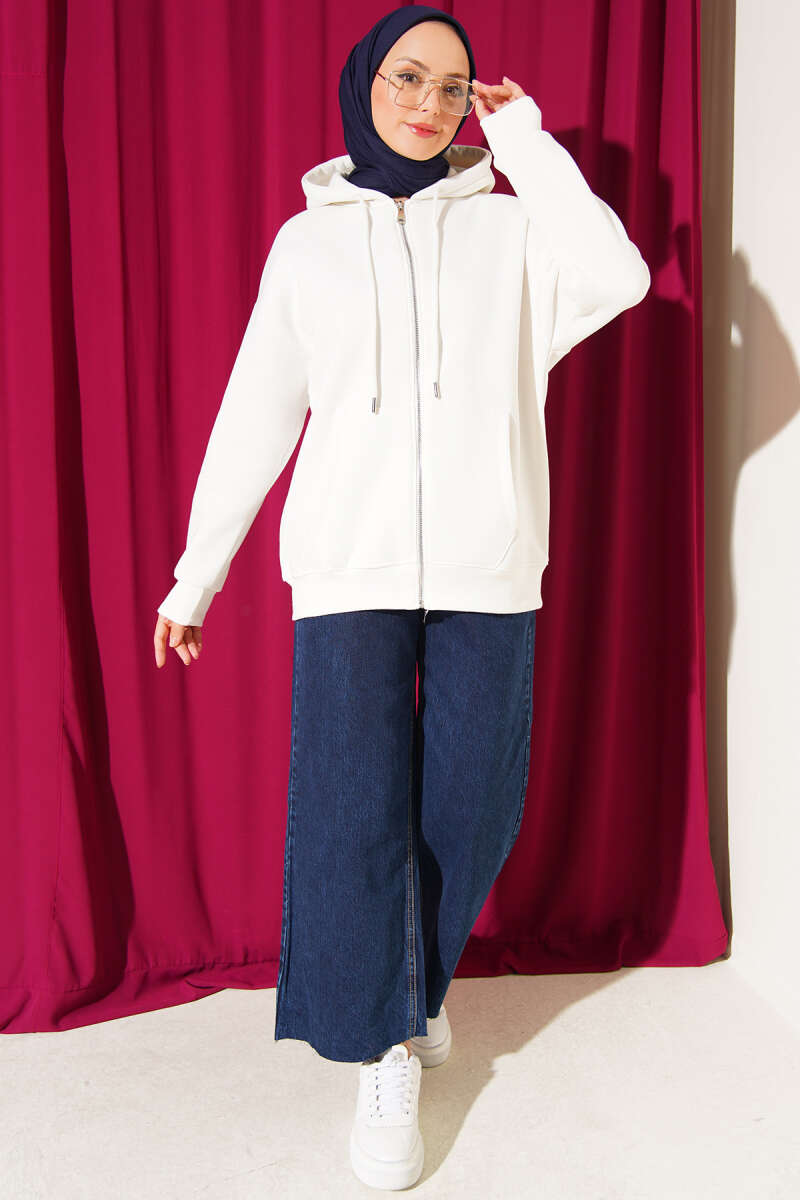 Brushed-Back Zip-Up Cardigan - White