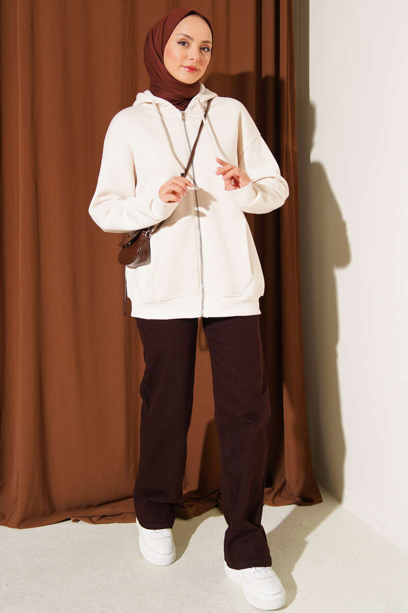 Brushed-Back Zip-Up Cardigan - Ecru