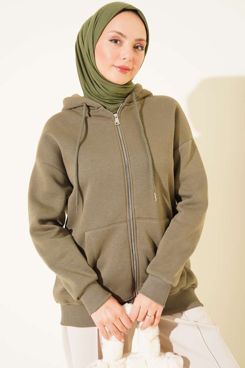 Brushed-Back Zip-Up Cardigan - Khaki