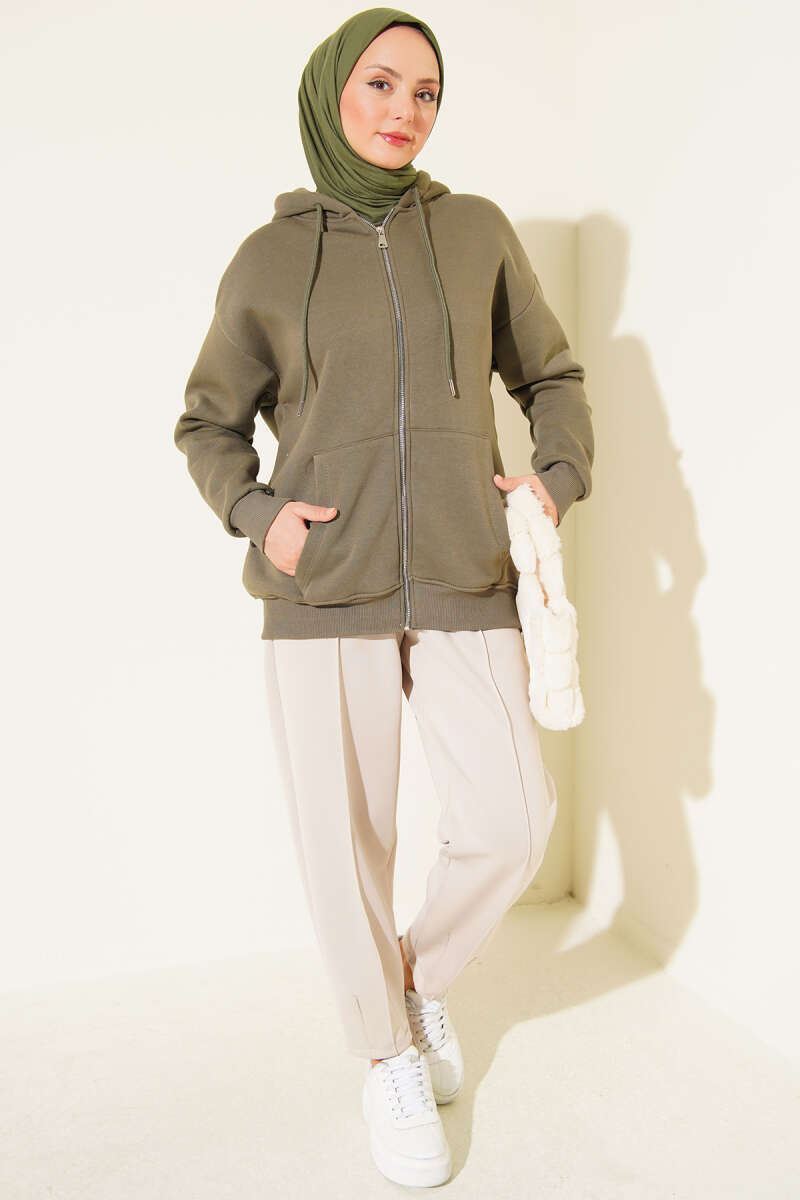 Brushed-Back Zip-Up Cardigan - Khaki