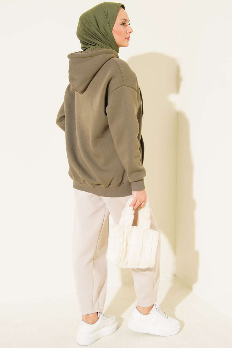 Brushed-Back Zip-Up Cardigan - Khaki