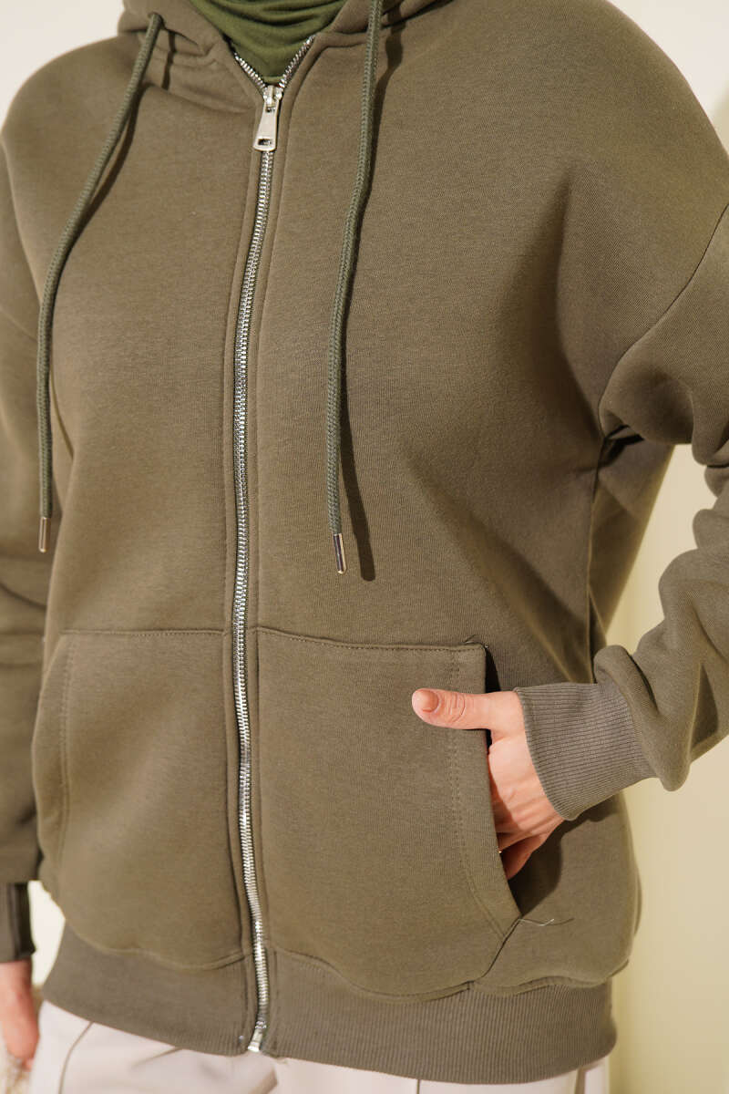 Brushed-Back Zip-Up Cardigan - Khaki