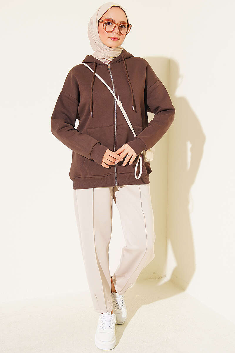 Brushed-Back Zip-Up Cardigan - Brown