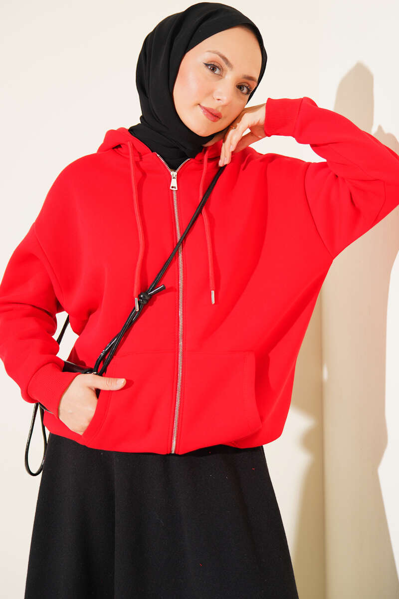 Brushed-Back Zip-Up Cardigan - Red
