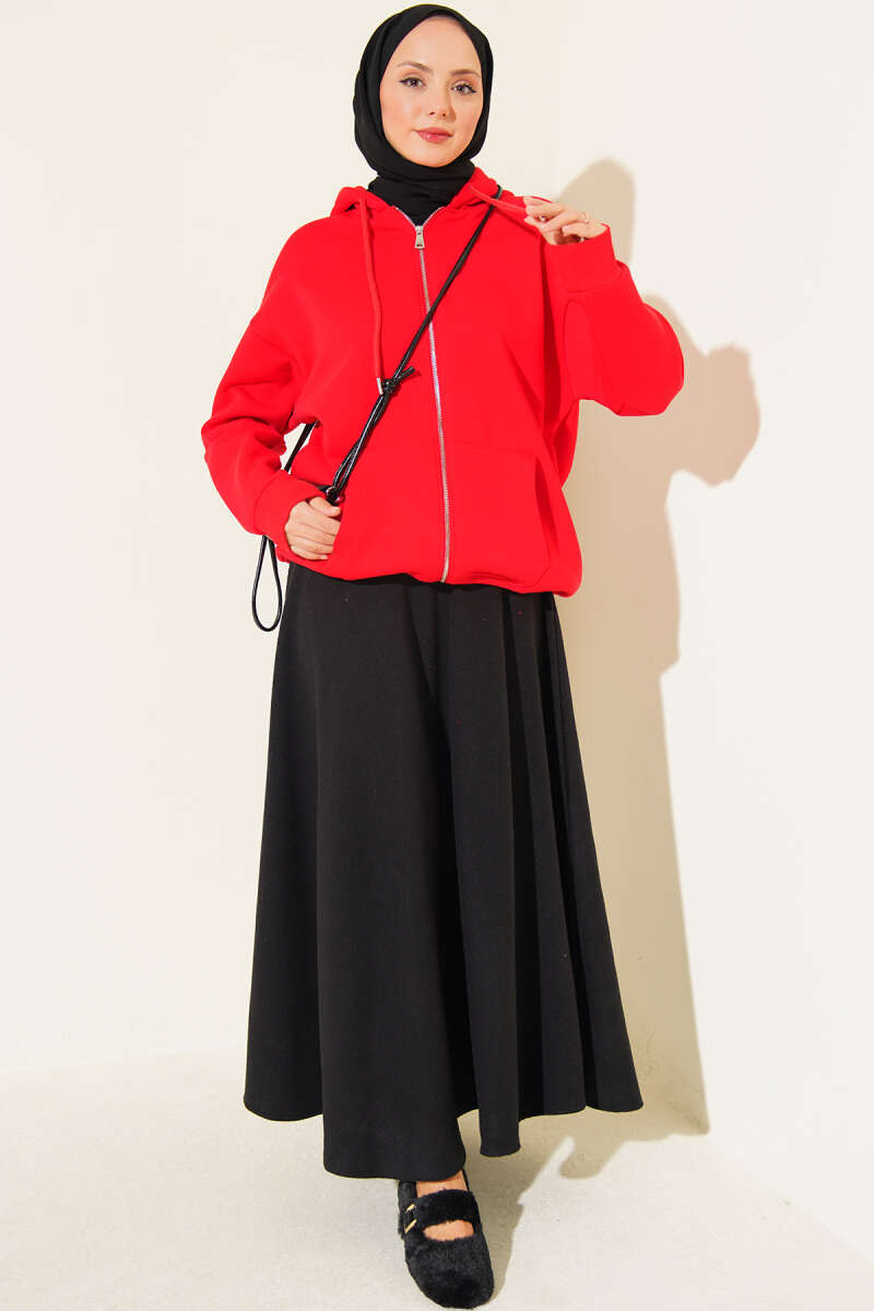 Brushed-Back Zip-Up Cardigan - Red