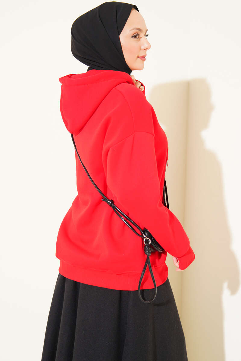 Brushed-Back Zip-Up Cardigan - Red
