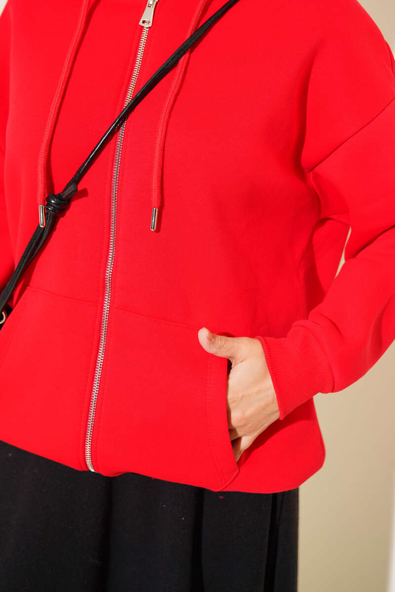 Brushed-Back Zip-Up Cardigan - Red
