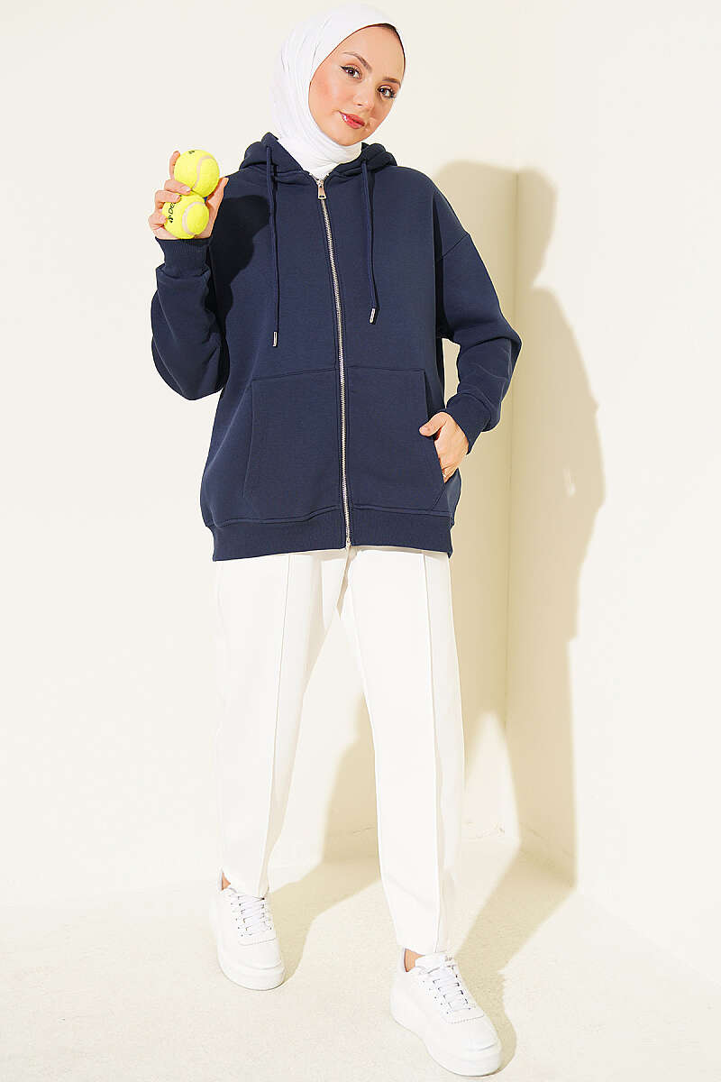 Brushed-Back Zip-Up Cardigan - Navy