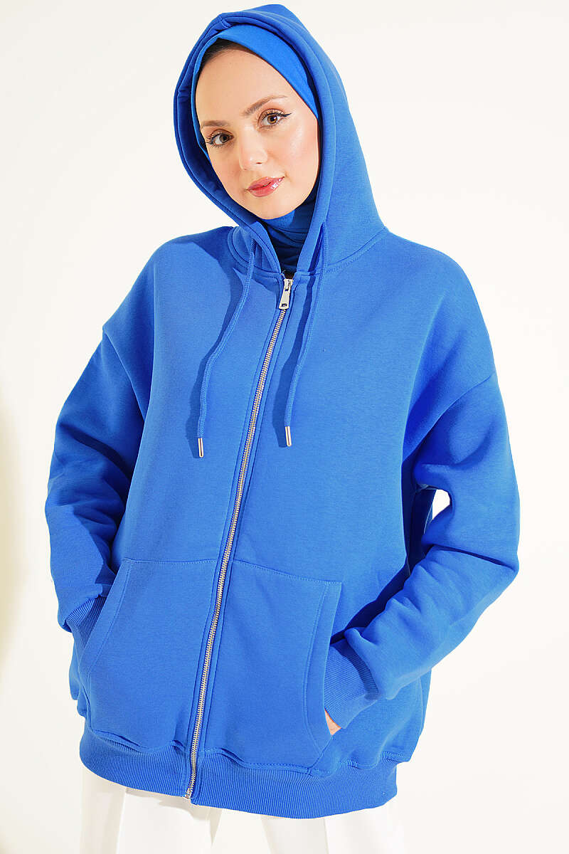 Brushed-Back Zip-Up Cardigan - Blue