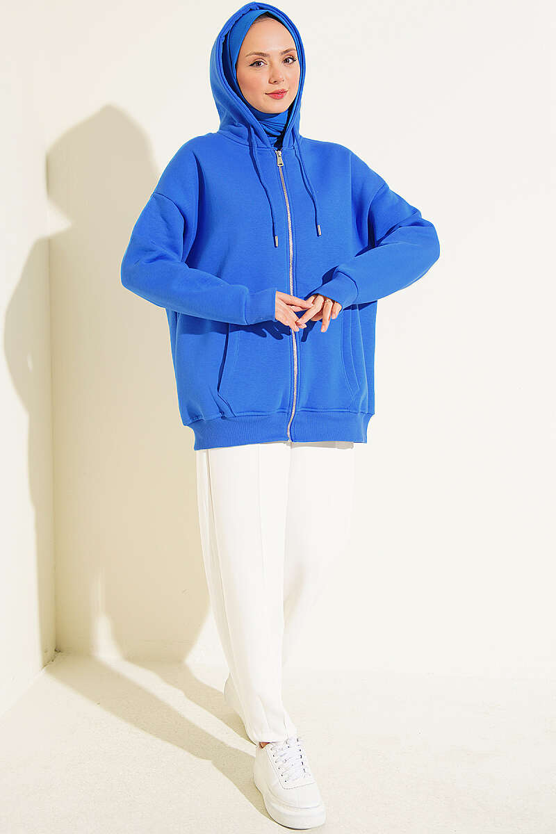 Brushed-Back Zip-Up Cardigan - Blue