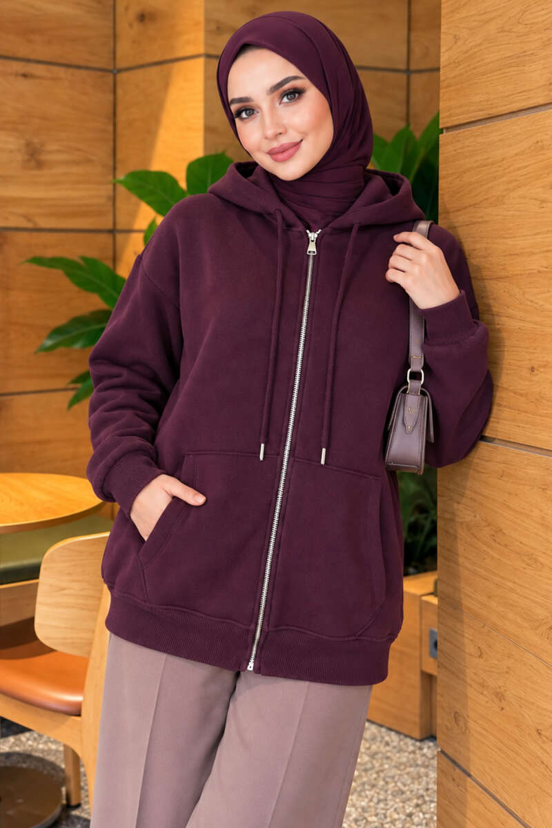 Brushed-Back Zip-Up Cardigan - Plum