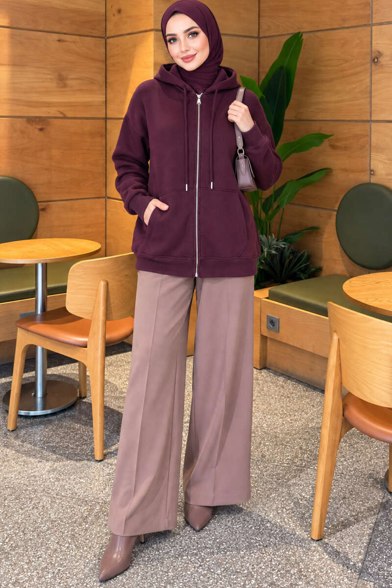 Brushed-Back Zip-Up Cardigan - Plum