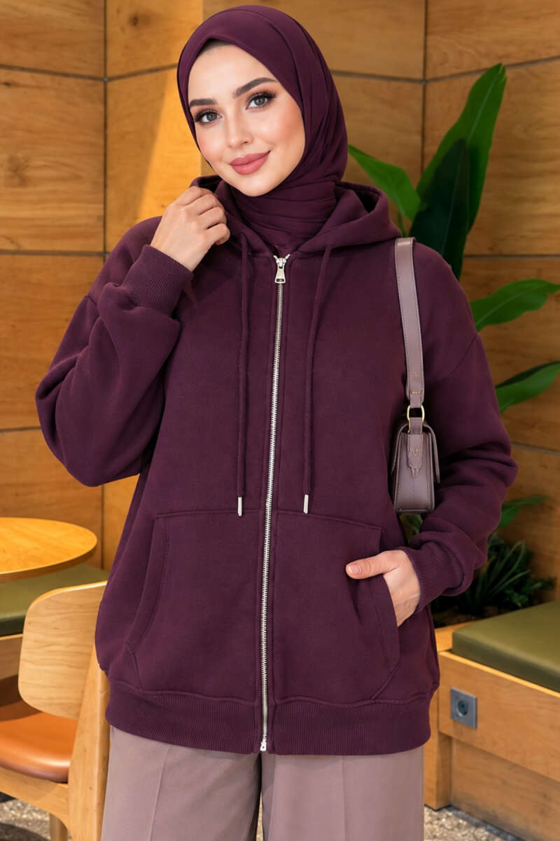 Brushed-Back Zip-Up Cardigan - Plum