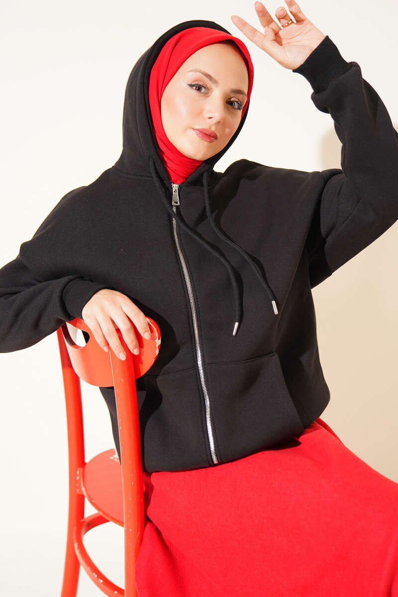 Brushed-Back Zip-Up Cardigan - Black