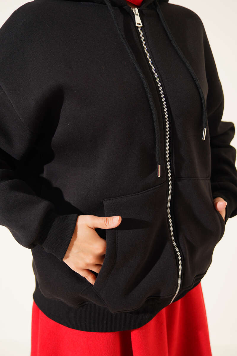 Brushed-Back Zip-Up Cardigan - Black