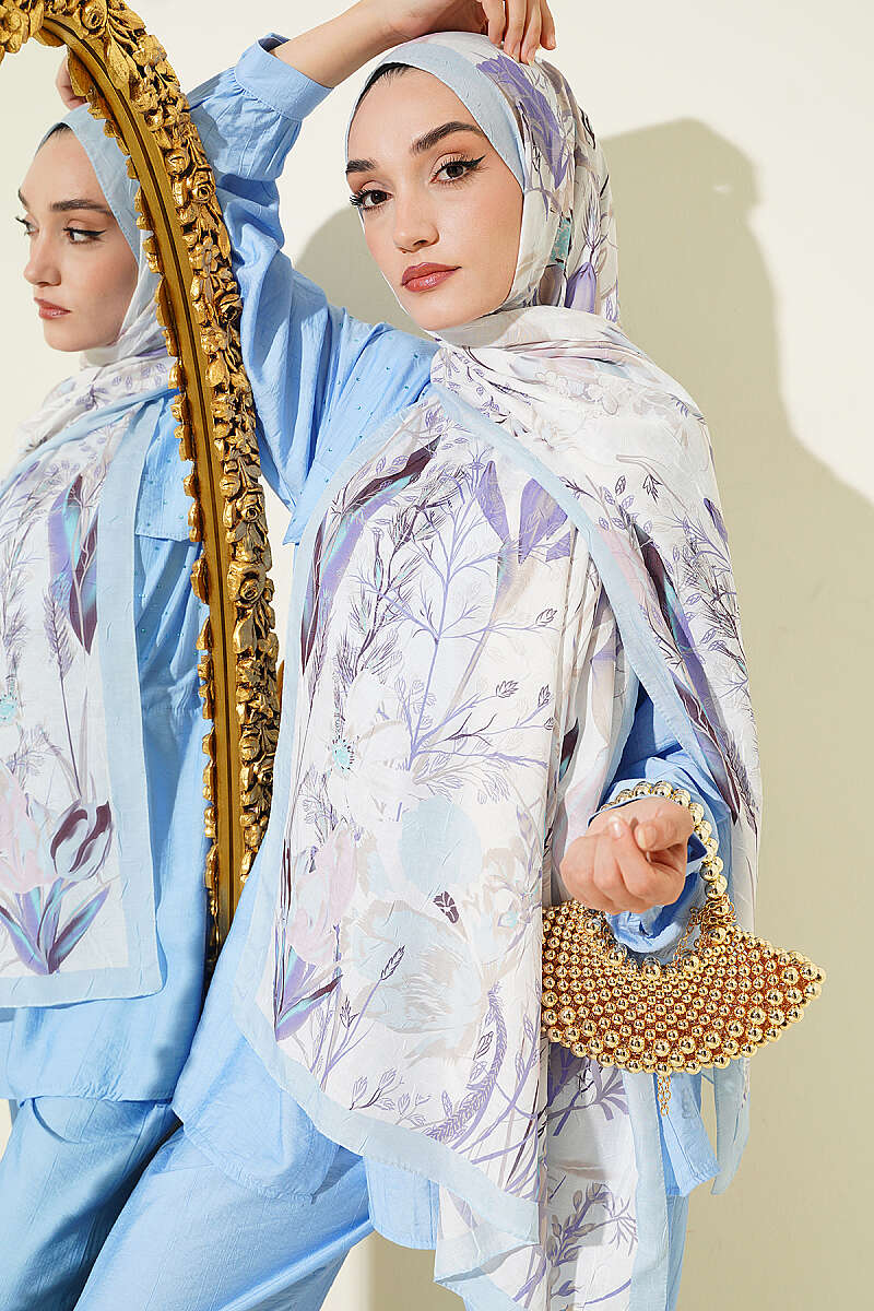 Ivy Print Bamboo Crinkle Shawl - Light Blue