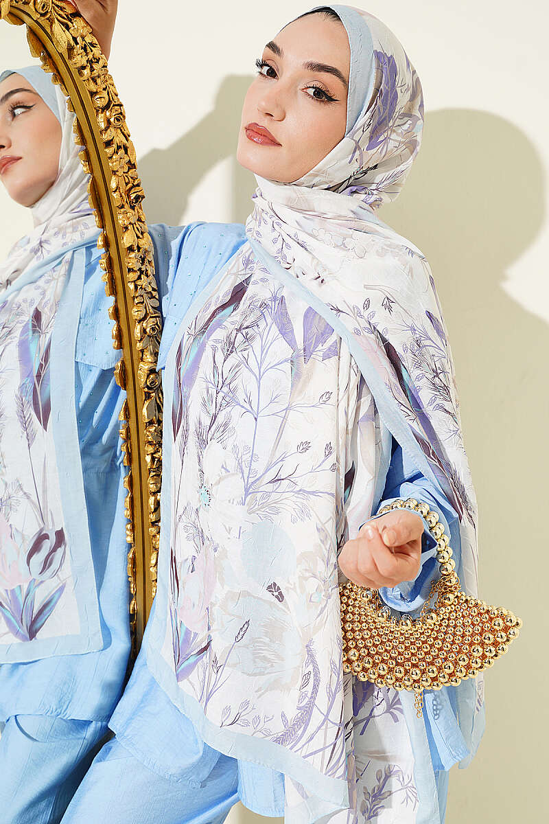 Ivy Print Bamboo Crinkle Shawl - Light Blue