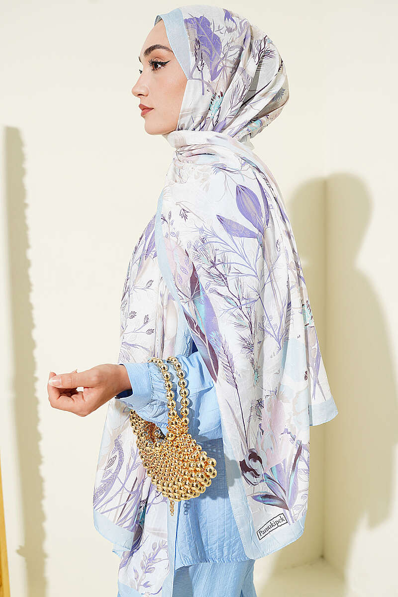 Ivy Print Bamboo Crinkle Shawl - Light Blue