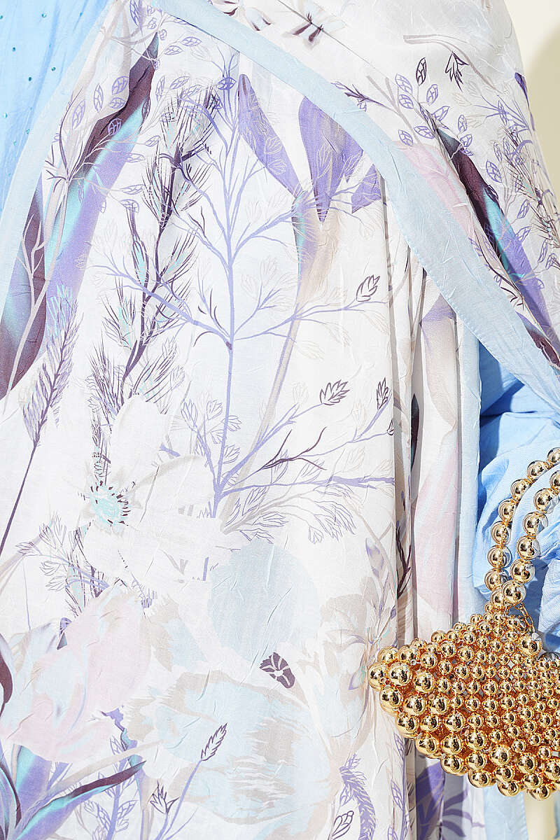 Ivy Print Bamboo Crinkle Shawl - Light Blue