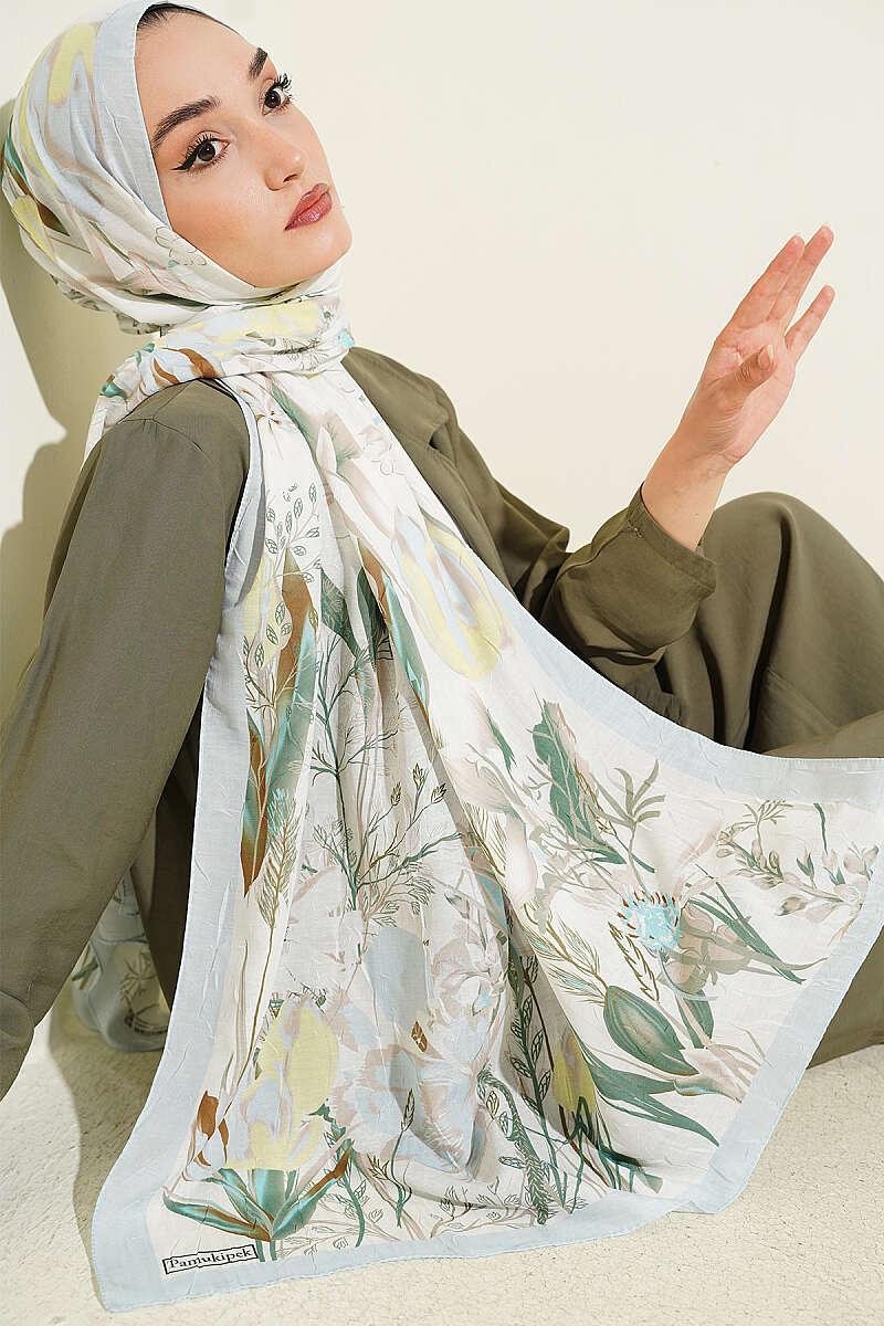 Ivy Print Bamboo Crinkle Shawl - Ice Blue