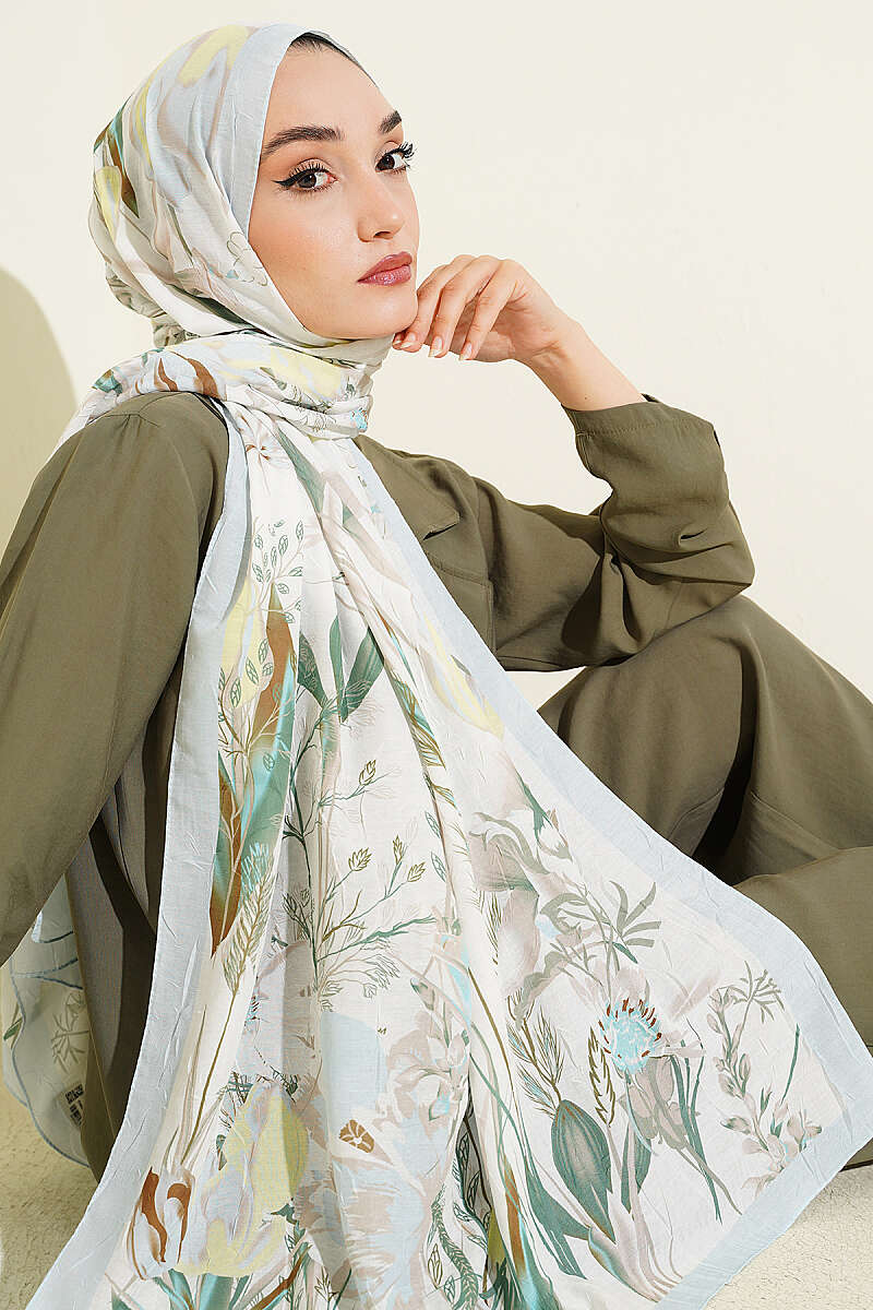 Ivy Print Bamboo Crinkle Shawl - Ice Blue