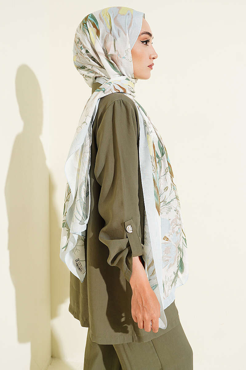 Ivy Print Bamboo Crinkle Shawl - Ice Blue