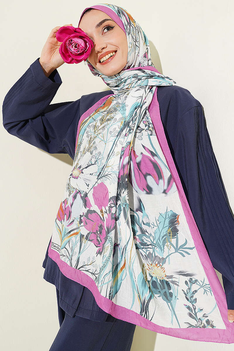 Ivy Print Bamboo Crinkle Shawl - Fuchsia
