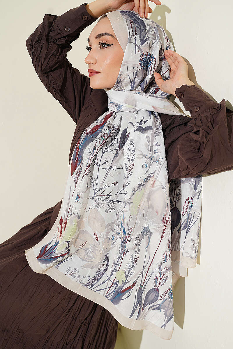Ivy Print Bamboo Crinkle Shawl - Stone