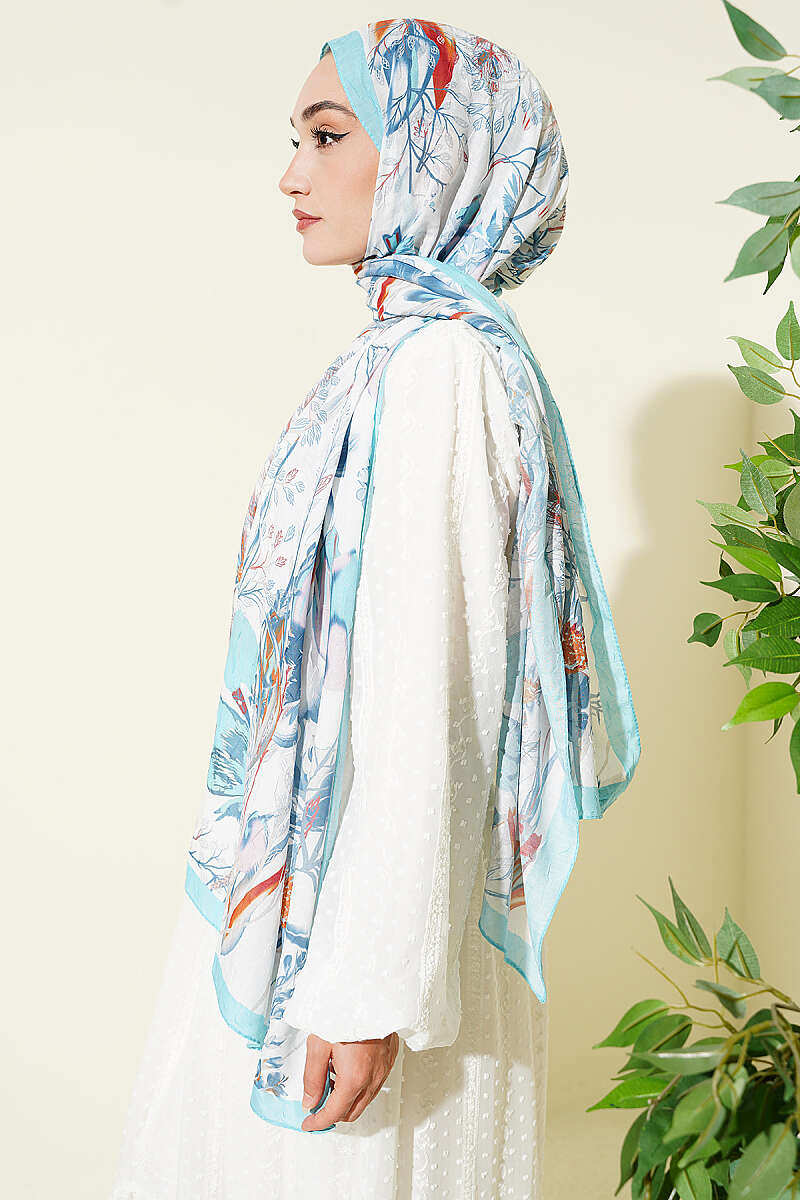 Ivy Print Bamboo Crinkle Shawl - Turquoise