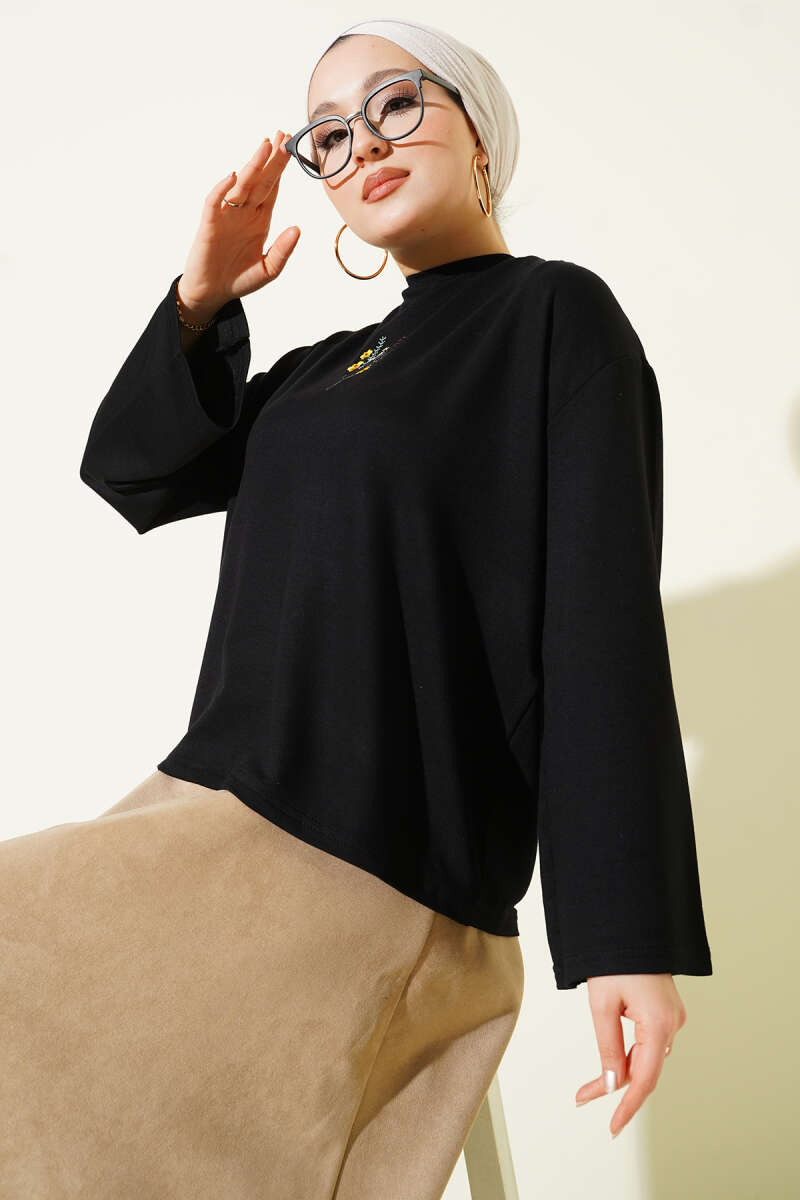 Floral Embroidered Jersey Blouse - Black
