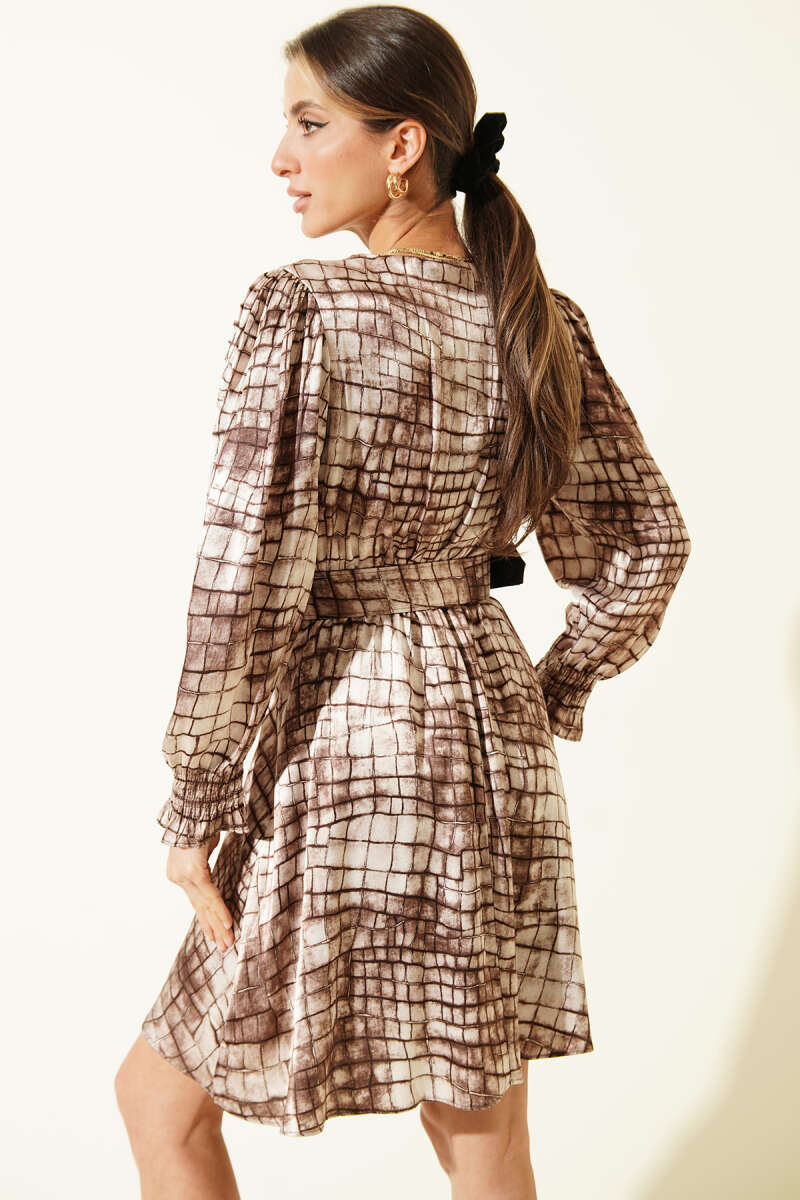 Satin Dress with Belted Waist - Beige