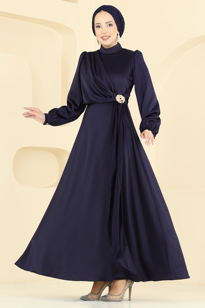 Satin Evening Dress with Brooch - Navy