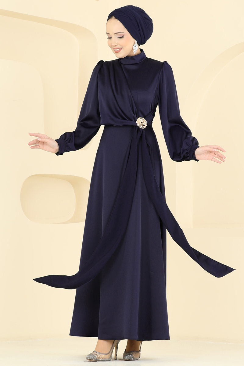Satin Evening Dress with Brooch - Navy