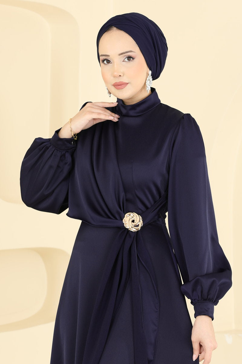 Satin Evening Dress with Brooch - Navy