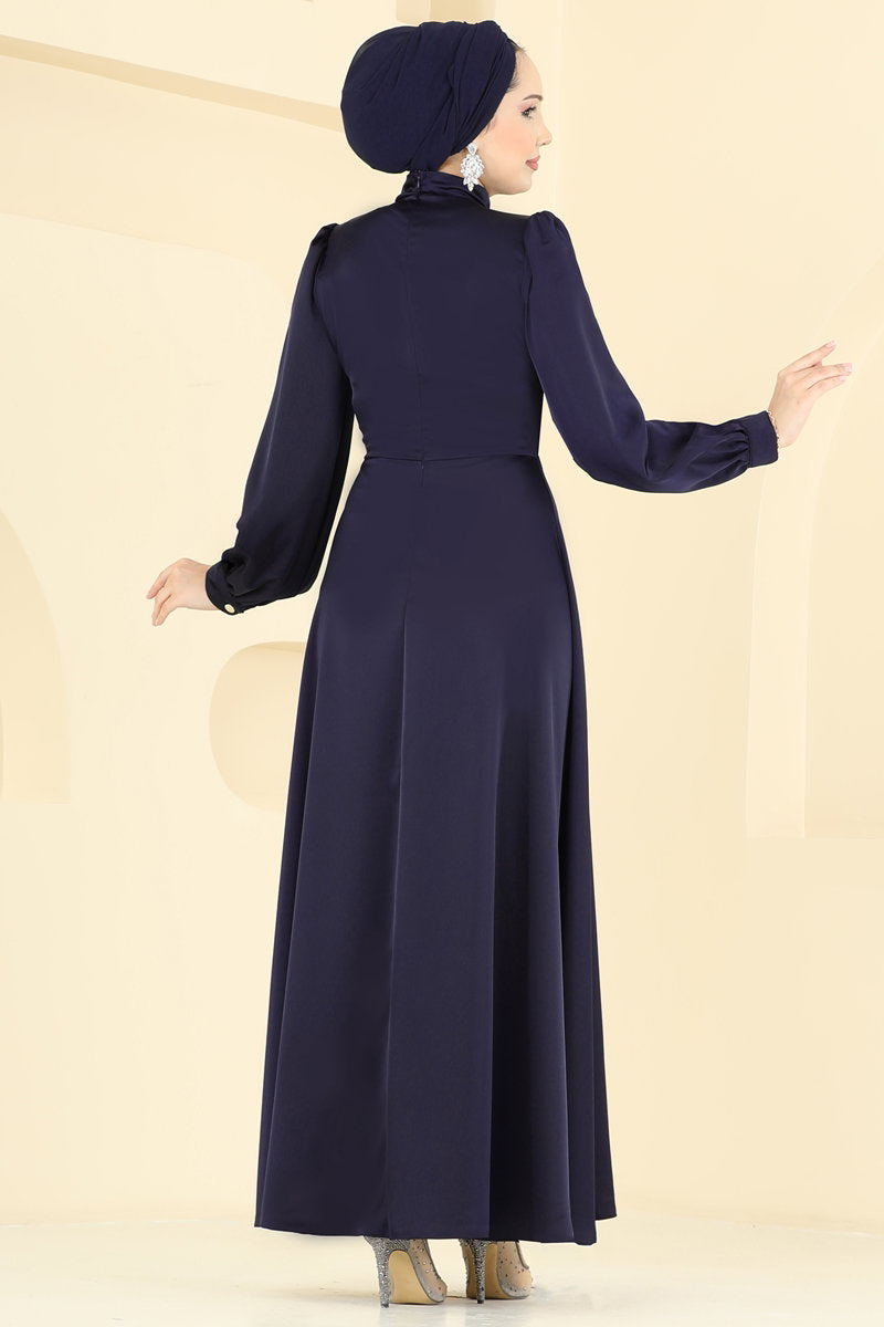 Satin Evening Dress with Brooch - Navy