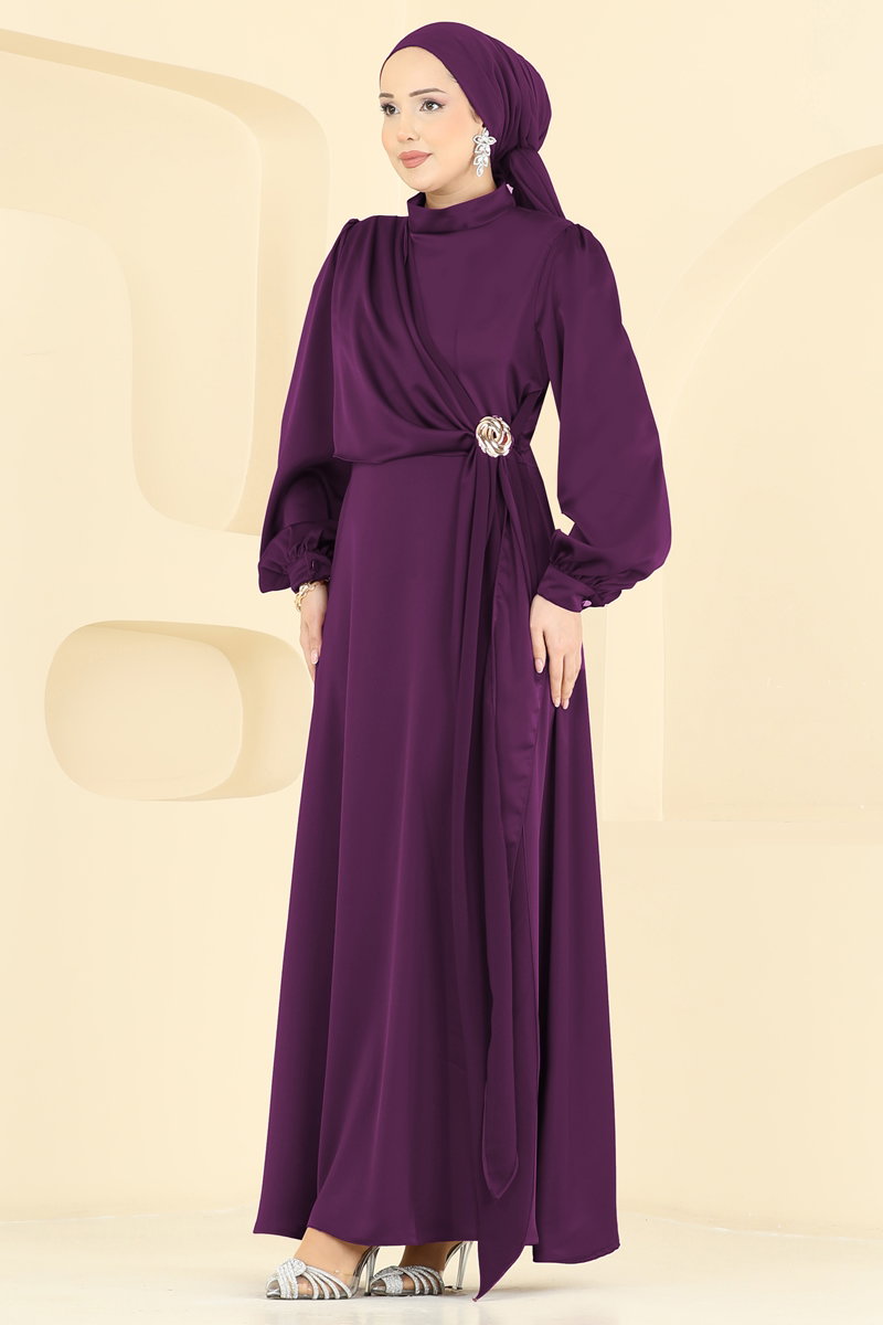 Satin Evening Dress with Brooch - Purple