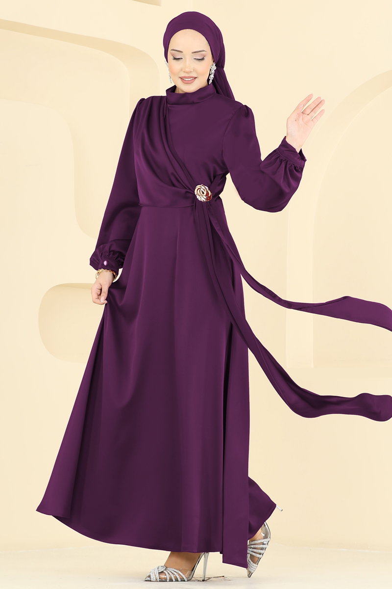Satin Evening Dress with Brooch - Purple