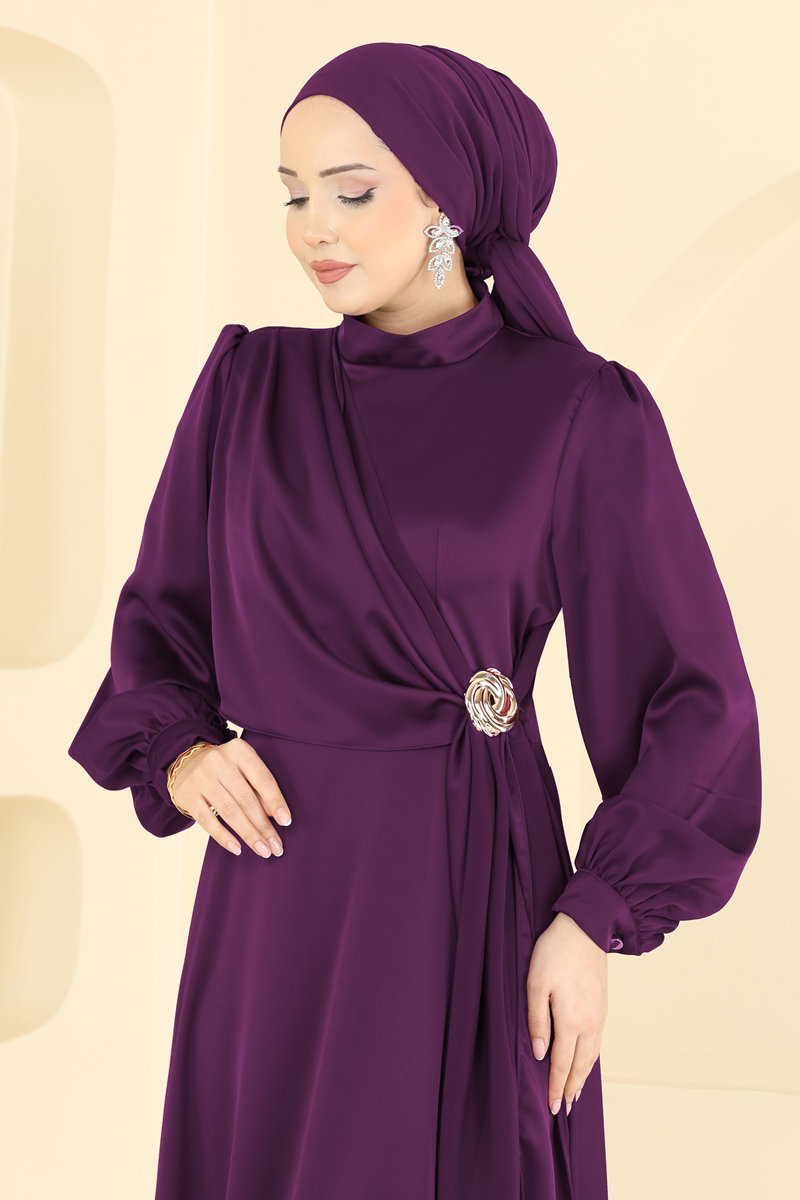 Satin Evening Dress with Brooch - Purple