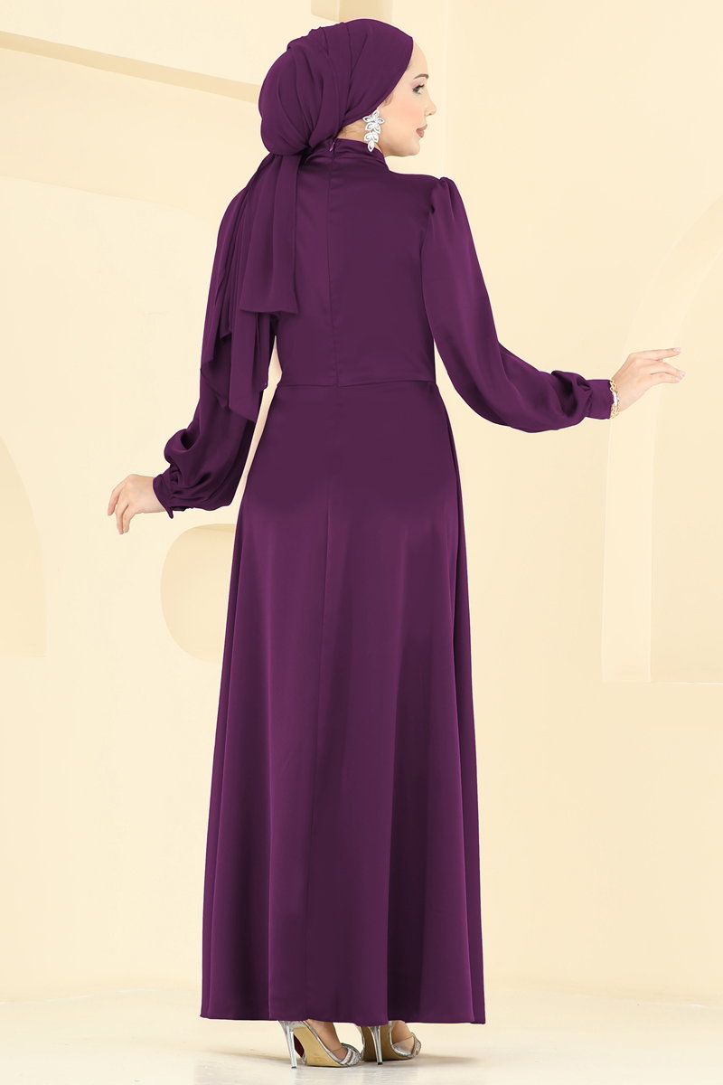 Satin Evening Dress with Brooch - Purple