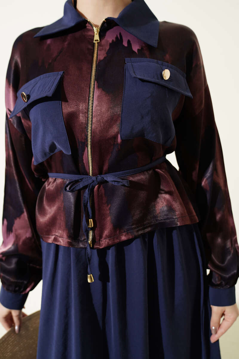 Satin Blouse and Skirt Set with Chest Pocket - Burgundy-Navy