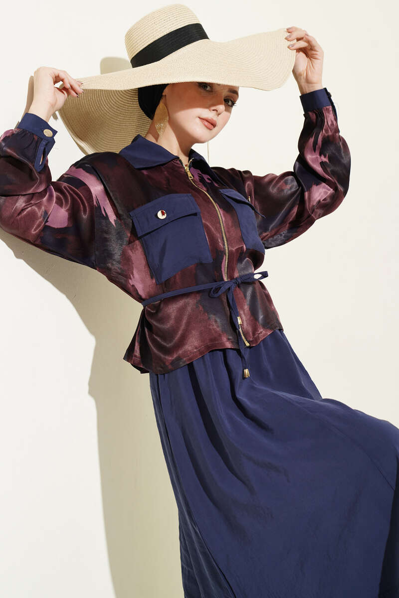 Satin Blouse and Skirt Set with Chest Pocket - Burgundy-Navy