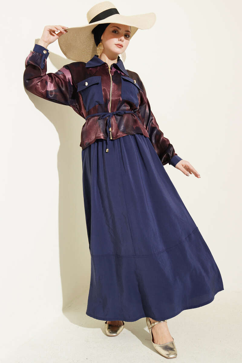 Satin Blouse and Skirt Set with Chest Pocket - Burgundy-Navy