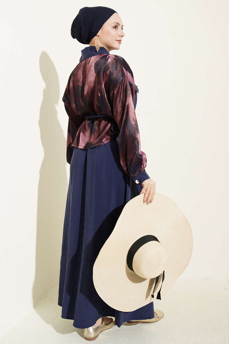 Satin Blouse and Skirt Set with Chest Pocket - Burgundy-Navy