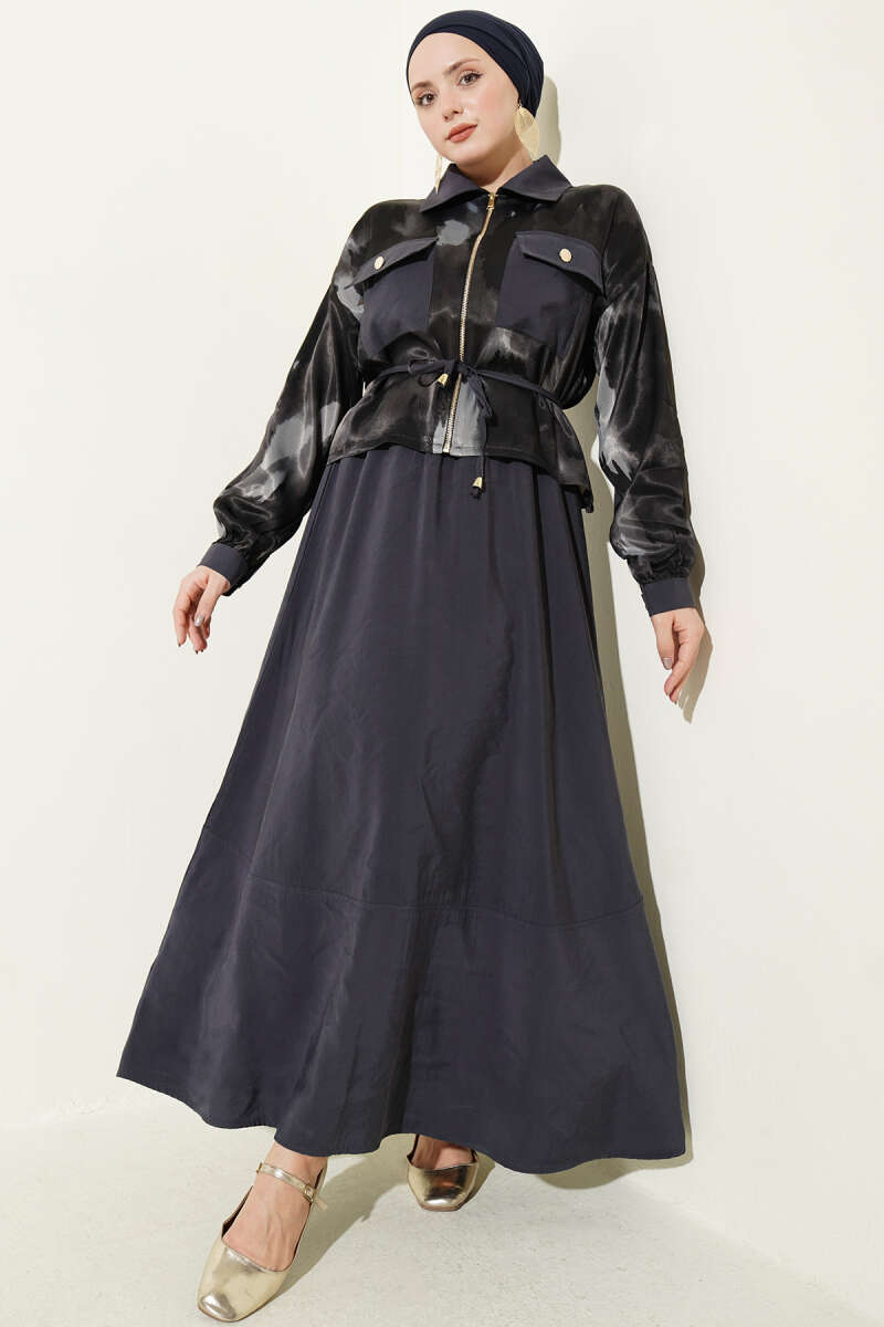 Satin Blouse and Skirt Set with Chest Pocket - Smoke Grey