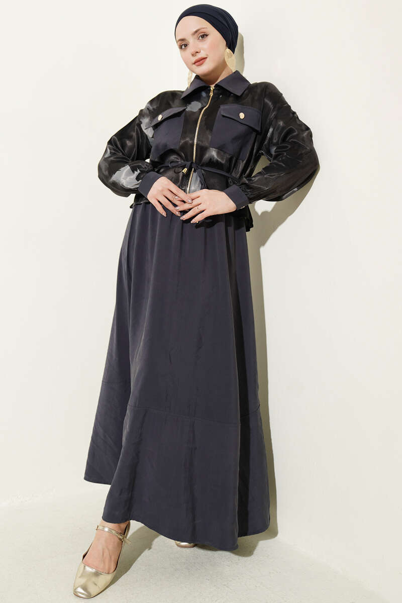 Satin Blouse and Skirt Set with Chest Pocket - Smoke Grey